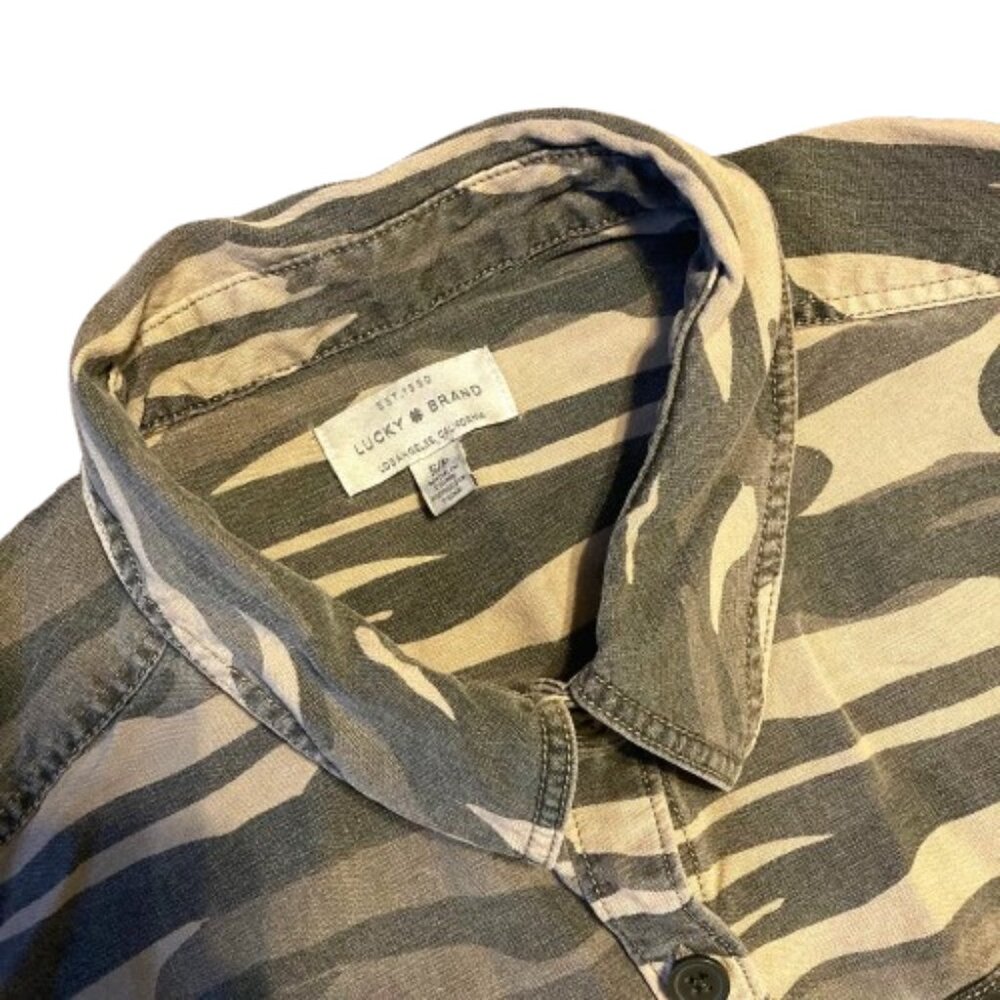 Lucky Brand Camouflage Distressed Button Up Shirt Linen Blend Womens Small - Picture 5 of 9